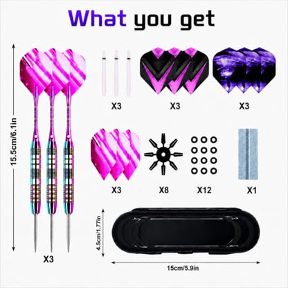 Darts Metal Tip Set - 3 Pack Steel Tip Darts with Aluminum Shafts, 9 Flights, 12 O Rings, Sharpener and Carrying Case for Bristle Dart Boards, Adults and Beginner & Pro Players