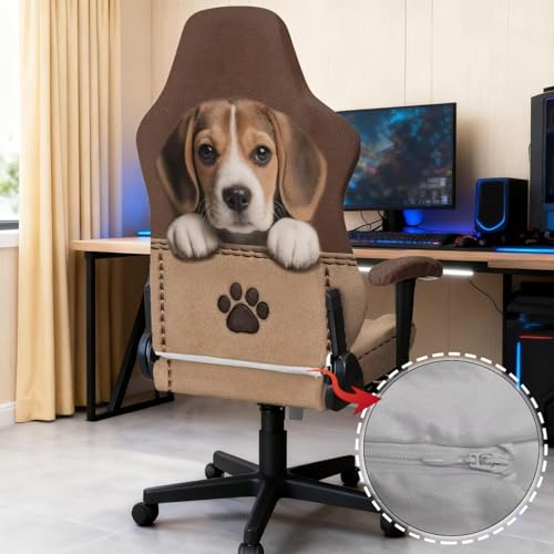 Suobstales Beagle Dog Paw Print Gaming Chair Cover, Removable Office Chair Cover with Zipper, Stretch Anti-dust Universal Washable High Back Computer Seat Protector for Pets - color: Beagle Dog Paw