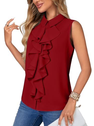 Vrtige Women's Summer Tank Top Button Down Ruffle Front Collar Neck Sleeveless Blouse Shirt Top - color: Wine Red, size: Small