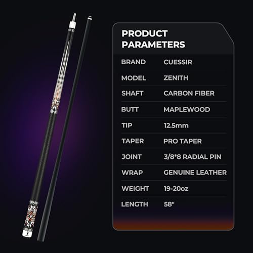 Carbon Fiber Pool Cue Stick with Case, 2pieces 58inch Low Deflection Professional Cue Stick for Billiards, Pro Taper Carbon Fibre Shaft with Genuine Leather Wrap and 12.5mm Tip (19oz-20oz) - color: Style 6