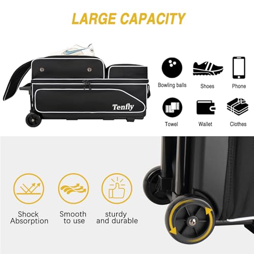 Triple Roller Bowling Bag with Wheels, Heavy Duty 3 Ball Bag for League & Recreational Bowlers - color: Black