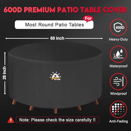 Zettum Round Patio Table Cover 68 Inch - 600D Outdoor Furniture Cover Round Waterproof & Heavy Duty, Lawn Furniture Set Covers for Outside Dining Table and Chairs Seating Combo - 68 x 68 x 28 Inch - size: 1) Round - 68"D x 28"H
