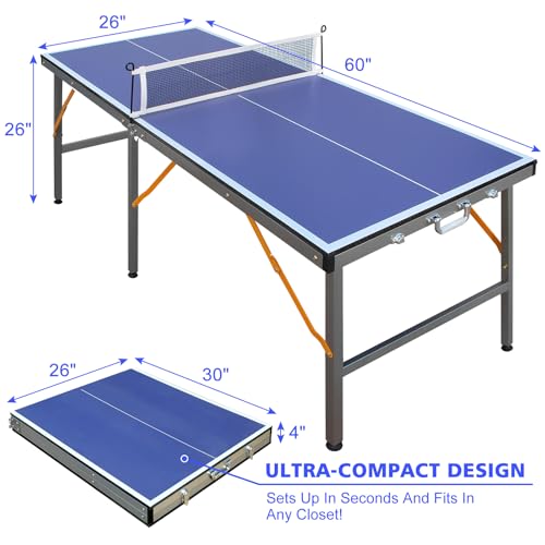 Ping Pong Table Foldable & Portable Table Tennis Table Set for Indoor & Outdoor Games with Net, 2 Paddles and 3 Balls - size: 5FT