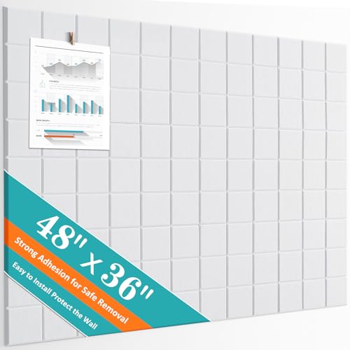 Cork Board for Walls 48" x 36", Bulletin Board for Office Decor, 12 Pack Felt Wall Tiles with Safe Removable Adhesive, Pin Tack Corkboard for Quilting Design & Dart Wall Protector - White - color: Crisp White