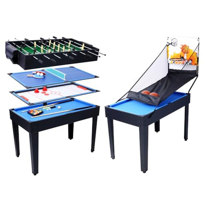 5-in-1 Multi-Game Table - Billiards, Push Hockey, Foosball, Ping Pong, and Basketball Black/Blue - color: Black + Blue Tablecloth