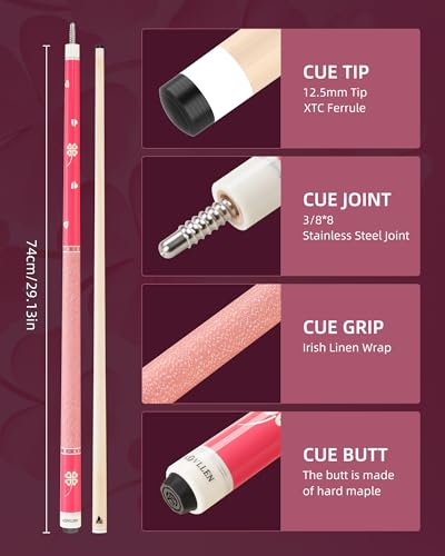 KONLLEN Pink Pool Stick, Low Deflection Young Fashionable Pink Professional Pool Cue Set, Includes Color tip, Pink Cue Bag, Towel and Chalk