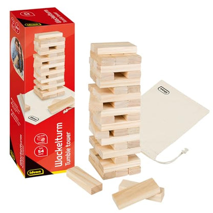 Idena 40087-Wackelturm Wood, Skill Game with 54 Bricks and Storage Bag, Large Stacking Tower Approx. 8 x 8 x 26 cm, 40087