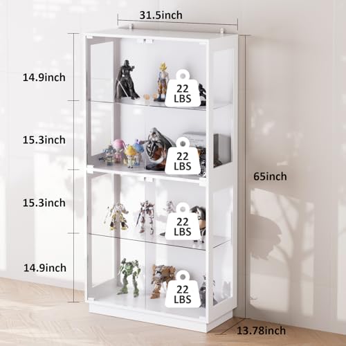 Display Cabinet with Glass Doors 4 Tier Glass Display Case with RGB LED Lights Display Cases for Collectibles Adjustable Shelves Display Case, for Game Room, Living Room, Bedroom, White - color: White
