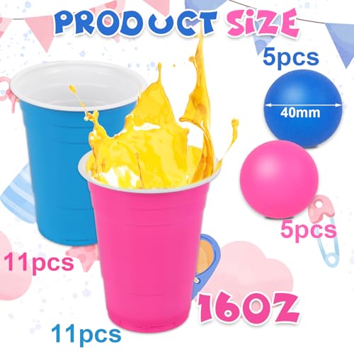 JarThenaAMCS 32Pcs Cup Table Tennis Game Set 22 Blue & Pink Plastic Cups 10 Ping Pong Balls for Gender Reveal Party Game Supplies