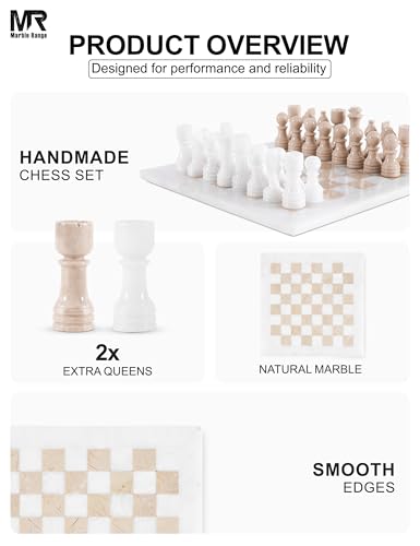 Marble Chess Set 12" Inches White and Verona with Storage Box and 2 Extra Queen Handmade Luxury Board Games for Adults, Ideal Chess Board Game & Marble Chess Set for Adults - color: White & Verona