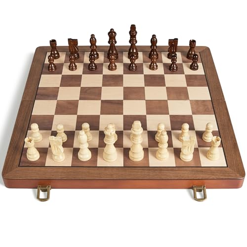 ELONGDI 15" Wooden Chess Set with Magnetic Pieces - Extra Queens - Folding Chessboard Portable Travel Tournament Chess Board Games for Adults Kids - size: 15 Inches