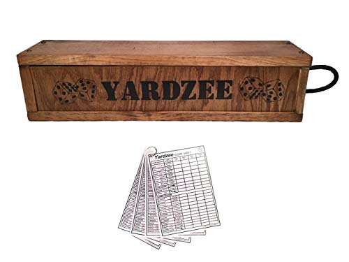 Yardzee Giant Yard Dice Set with custom wood storage case, 4 dry erase score cards and 5 Lawn Dice. Great Outdoor Game Gift Idea