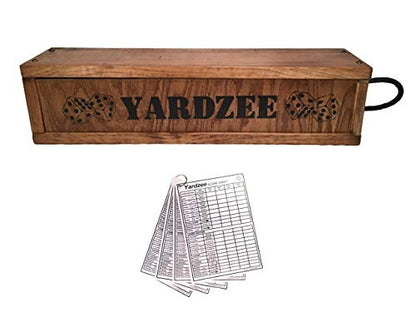 Yardzee Giant Yard Dice Set with custom wood storage case, 4 dry erase score cards and 5 Lawn Dice. Great Outdoor Game Gift Idea