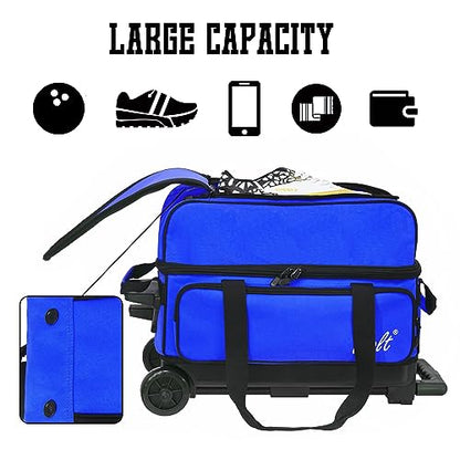 WOLT Double Roller 2 Ball Bowling Bag with Separate Shoe Compartment, Large Capacity Bowling Ball Bag with Accessory Pocket, Retractable Handle Extends to 40" - color: Blue
