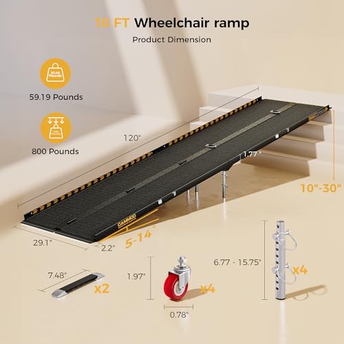 CAMMOO 10FT Portable Wheelchair Ramp-800LBS Heavy-Duty, High-Strength Aluminum Alloy with 4 Adjustable Legs, 4 Wheels, Triple Anti-Slip and Seamless Design, Ideal for Home Steps, Threshold, Doorways - size: 10 FT