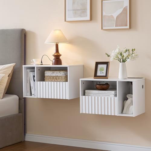 BuildHom Modern Matte White Fluted Floating Nightstand with Charging Station, NightStand with Drawers, Bedside with USB Ports and Outlets, Bedroom Furniture (Set of 2) - color: Matte White, size: Set of 2