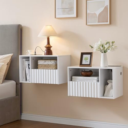 BuildHom Modern Matte White Fluted Floating Nightstand with Charging Station, NightStand with Drawers, Bedside with USB Ports and Outlets, Bedroom Furniture (Set of 2) - color: Matte White, size: Set of 2