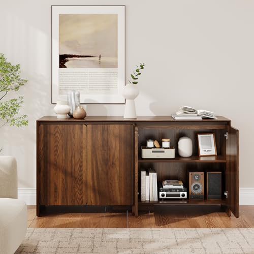 ONBRILL 63" Sideboard Buffet Cabinet with Storage, Buffet Sideboard Cabinet with 4 Doors & Adjustable Shelves, Modern Coffee Bar Console Table for Living Room, Kitchen, Entryway - color: Walnut