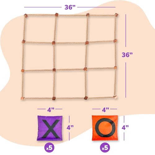 Gamie Giant Tic Tac Toe Game Outdoor - 3 x 3 Feet - Includes Rope Grid, 10 Bean Bag Play Pieces, and 1 Drawstring Carry Bag - Large Yard Games - Outdoor Game for Patio, Picnic, Camping