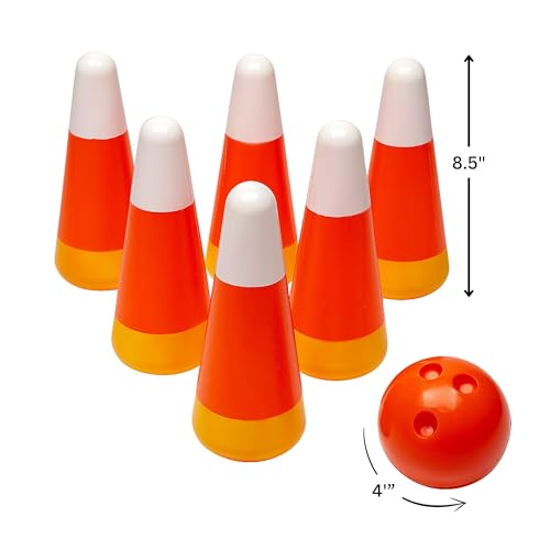 Fun Express Halloween Games for Kids Party - Candy Corn Pumpkin Bowling Set with 6 Pins & Ball | Fall Festival Games for Outdoor Trunk or Treat Activities & Carnival Events | Safe Plastic Design