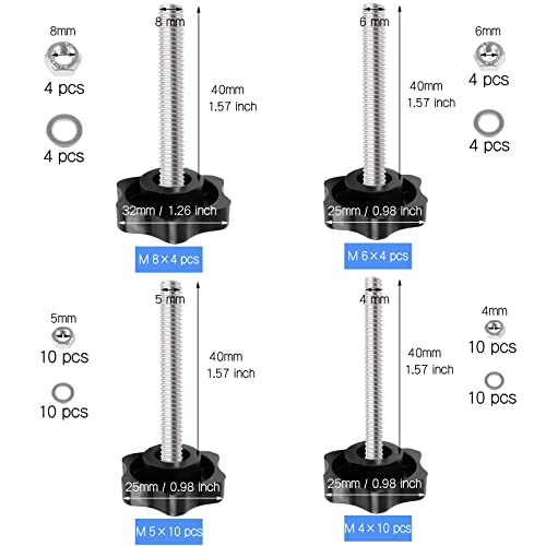 Openfly 28 Sets M4 M5 M6 M8 Star Hand Knob Tightening Screw, Thread Clamping Knob Quick Removal Replacement Parts with Nuts and Washers Stainless Steel Hex Nuts Star Knobs Assortment Kit