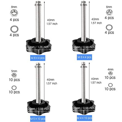 Openfly 28 Sets M4 M5 M6 M8 Star Hand Knob Tightening Screw, Thread Clamping Knob Quick Removal Replacement Parts with Nuts and Washers Stainless Steel Hex Nuts Star Knobs Assortment Kit