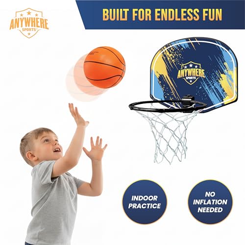 Anywhere Sports Silent Basketball & Hoop Set – Over-The-Door, Quiet Play for Kids, Easy Clip-On Mount, Includes 6-Inch Foam Basketball
