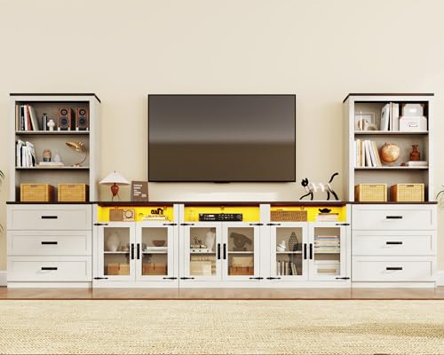 chartustriable 157" W 4-Piece Entertainment Center with Bookshelves for TVs up to 100", Farmhouse Wall Unit TV Stand with Doors & Drawer, Media Console Table for Living Room, Bedroom, White - color: White, size: 157"W 4-Piece