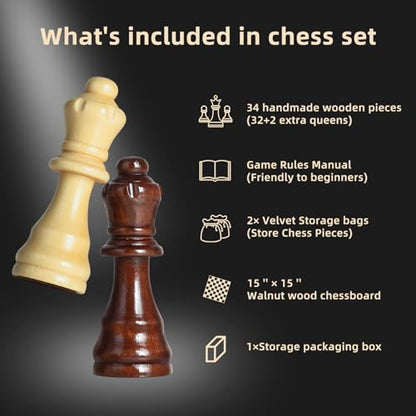 FanVince Chess Set 15" Wooden Board Game - Wood Sets with 2 Storage Bags and 2 Extra Queens - Gifts Box for Men Dad - color: Rosewood Texture