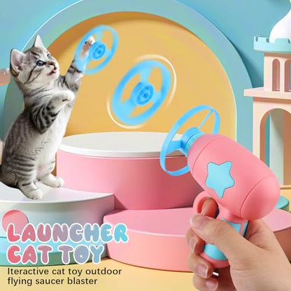 2pcs Bamboo Dragonfly Catapult Launcher, Cat Chase Fetch Toy with 6 Flying Spinners, Cat Toy Propeller Launcher for Training & Hunting, Cat & Kitten Toy with Colorful Flying Propellers (Yellow+Blue)