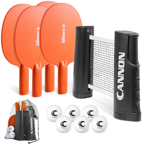 Cannon Sports Table Tennis Set – 4 Unbreakable Paddles, 6 3-Star Balls, Retractable Net & Carry Bag – Clamp-On Portable Ping Pong Net Fits Tables up to 2 Inch Thick, Extends to 6 Feet - color: Orange