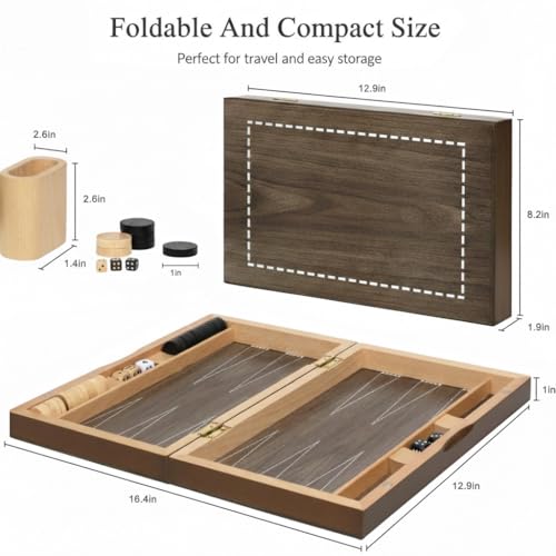 Plusvivo 13" Wooden Backgammon Set - Premium Beech Wood Foldable Board Game for Adults and Kids - Portable Strategy Game with 30 Magnetic Pieces and 2 Wooden Dice Shakers