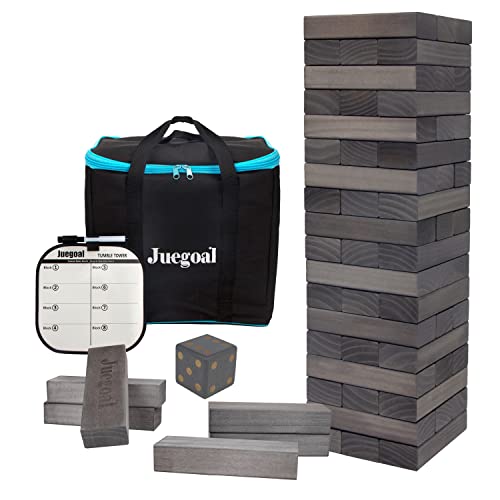 Juegoal 54 Pieces Giant Tumble Tower Blocks Game Giant Wood Stacking Game with 1 Dice Set, Gameboard, Canvas Bag for Adult, Kids, Family, Grey - color: Grey, size: Large