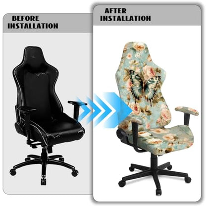 Suobstales Butterfly Flower Pattern Jacquard Gaming Chair Slipcover, Stretch Computer Chair Cover with Armrest Covers Cat Scratch Proof Desk Chair Cover for Office Desk Chair - color: Butterfly Flower