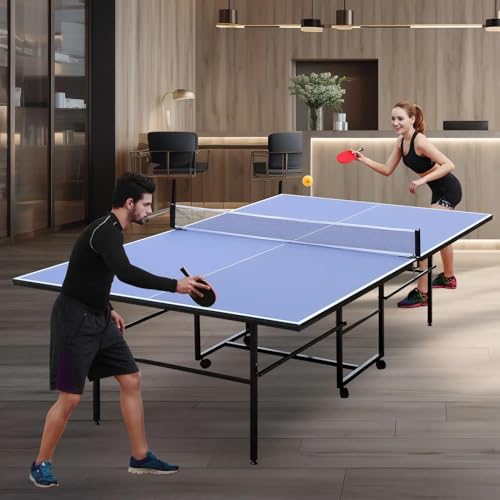 9FT Ping Pong Table Rolling Foldable Table Tennis Table for with Net, Table Tennis Paddles and Balls, Multi-Use Family Game Table for Teenager Adult, Folded with Single Player Playback Mode