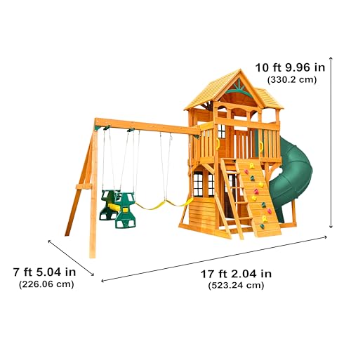 KidKraft Buffalo Crossing Wooden Outdoor Swing Set with Tube Slide | Two-Story Playhouse, Rock Wall, Glider, Faux Stone Facade, Planter Boxes