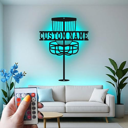 Custom Disc Golf Basket Led Light Metal Wall Art Personalized Gift for Disc Golfers Game Room or Outdoor Decor