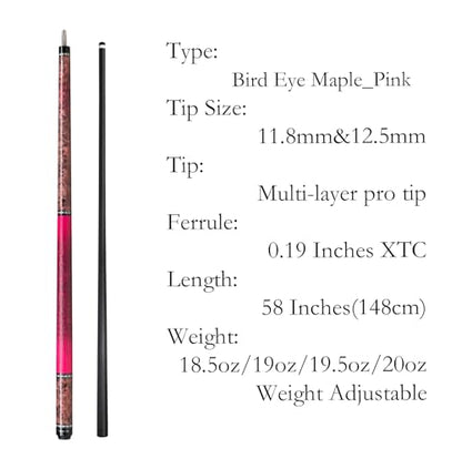 Carbon Fiber Pool Cue,11.8mm/12.5mm Low Deflection Cue Stick,Professional Pool Stick with Case - color: Bird Eye Maple_Pink, size: 11.8mm