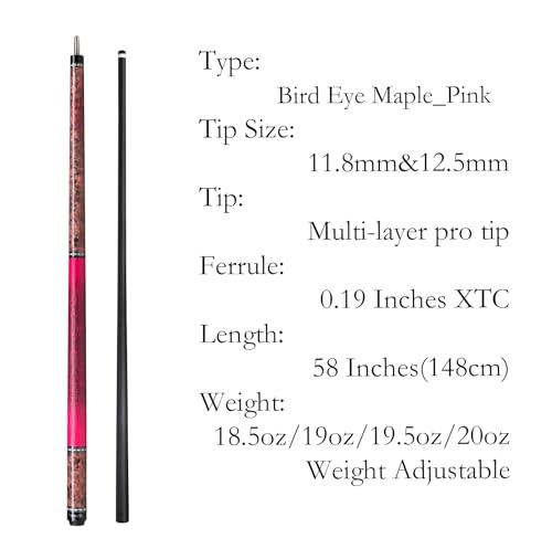 Carbon Fiber Pool Cue,11.8mm/12.5mm Low Deflection Cue Stick,Professional Pool Stick with Case - color: Bird Eye Maple_Pink, size: 12.5mm