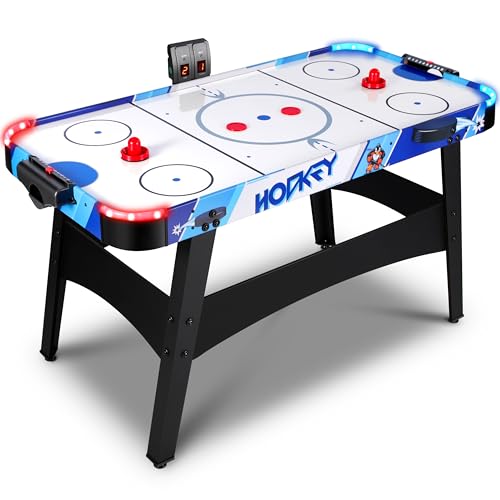 58" LED Light-Up Air Hockey Table - Arcade Style Air Hockey Game Set w/Accurate Electronic Scoring, Powerful 12V Motor for Game Room, Home & Office, Includes 2 Pucks & 2 Pushers - color: blue