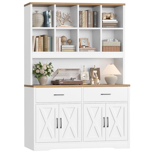 TEENFON Storage Cabinet with Doors and Drawers, Pantry Cabinets, 5 Tier Floor Standing Bookshelves, Bookshelf and Bookcase, 8 Open Storage Shelves and Printer Stand for Study, Living Room, Office - color: White