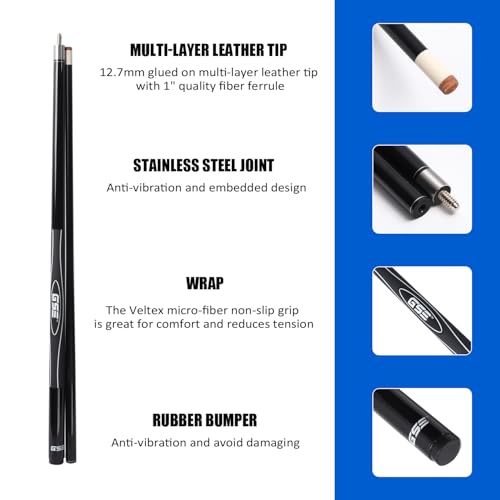 GSE Games & Sports Expert 58" 2-Piece Fiberglass Graphite Composite Billiard Pool Cue Sticks (Several Colors Available, Weight from 18oz, 19oz, 20oz, 21oz) - color: Black, style: 19oz