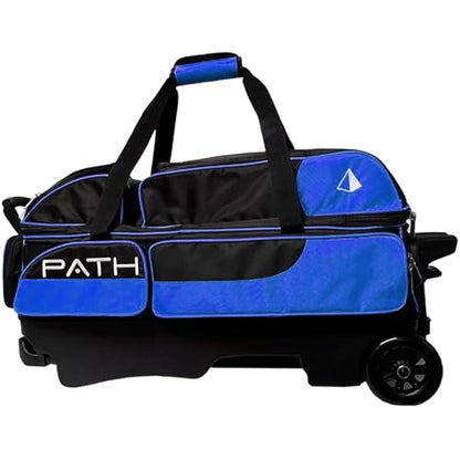 Pyramid Path Triple Premium Deluxe Roller Bowling Bag With Extra Large Separate Shoe Compartment (Up To US Mens Size 16) and 5 Accessory Pockets, 5" Wheels, Retractable Locking Handle - Extends to 42" - color: Black/Royal Blue