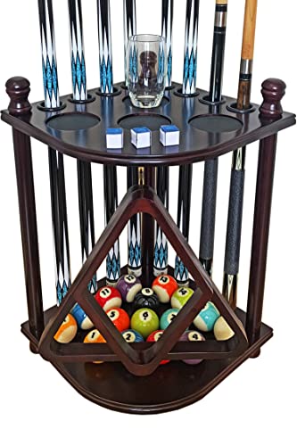 Pool Cue Rack Hold up to 8 Sticks & Billiard Accessories. Floor Stand Pool Cue Stick Holder Made of 100% Solid Hardwood.(Traditional Mahogany) - color: Traditional Mahogany