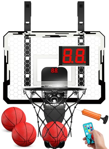 QDRAGON Mini Basketball Hoop, Over The Door Indoor, with 3 Balls/Inflator/Breakaway Rim, Basketball Toy Gifts for Kids and Adults, Suit for Bedroom/Office/Outdoor, White with Scoreboard & 7 Light - color: White