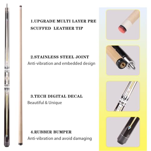 58" Professional Pool Cue Stick Set- Canadian Maple Shaft with Irish Linen Wrap, 13mm Leather Tip, Brass Joint; Includes Glove Cue Bag - color: Double White