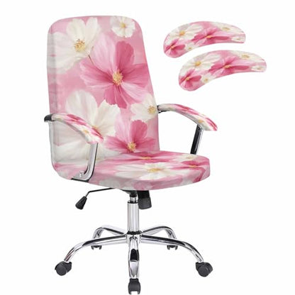 Pink Cosmos Office Chair Cover with Armrest Covers, Spring Flower Daisy Universal Stretch Desk Rotating Chair Slipcovers, Retro Removable Seat Protector with Zipper, L - color: White Pink, size: Large & 2PCS Armrest Covers