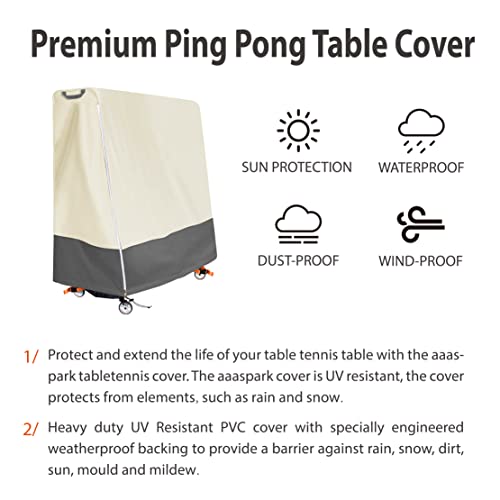 Ping Pong Table Cover Waterproof for Folding Table Tennis Tables | Beige & Grey two-tone design with orange straps for a modern premium home and game room appearance