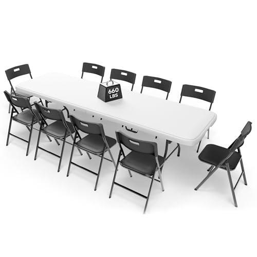 8FT Folding Table Set with 10 Chairs – Heavy-Duty 660 lb Table & 330 lb Chairs, Portable Folding Furniture Bundle for Camping, Parties, Indoor & Outdoor Use - color: White Table & Black Chairs, size: 8ft, style: 10 chairs
