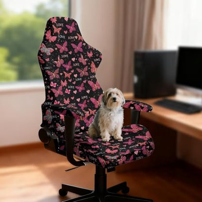 Suobstales Butterfly Heart Love Pattern Gaming Chair Cover, 4pc/Set Office Chair Cover with Armrest/Back Covers/Chair Seat Cover, Stretch Computer Video Game Office Chair Cover Valentine's Day Decor - color: Butterfly Heart Love